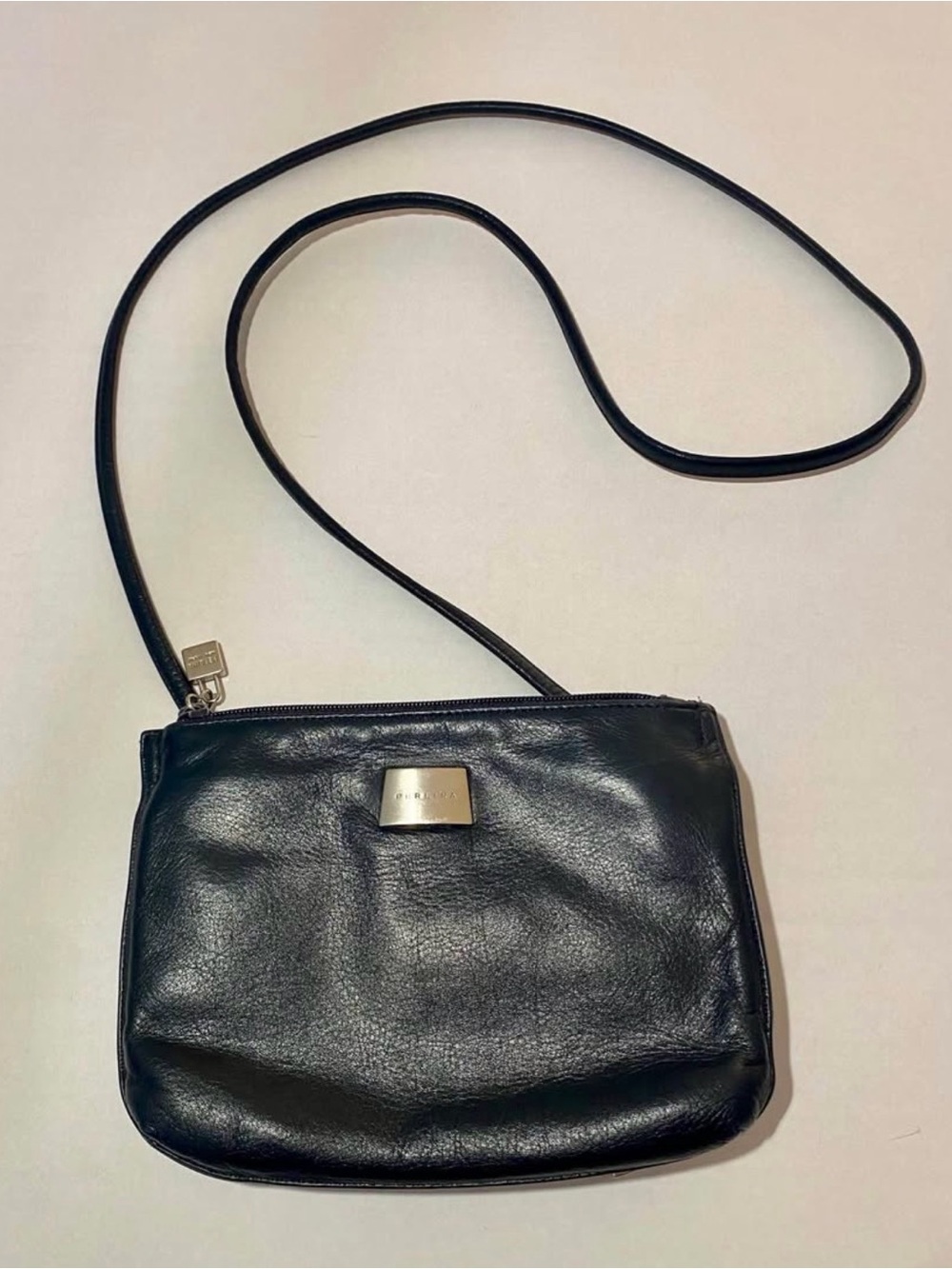 Black Leather Perlina Crossbody Small Purse with Silver Pulls, Wallet Attached
